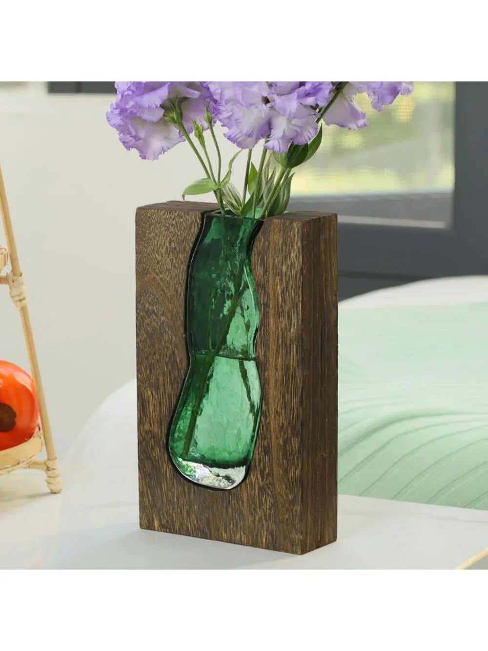 Rustic Wooden and Glass Inlay Flower Vase - Farmhouse Home Decor Centerpiece
